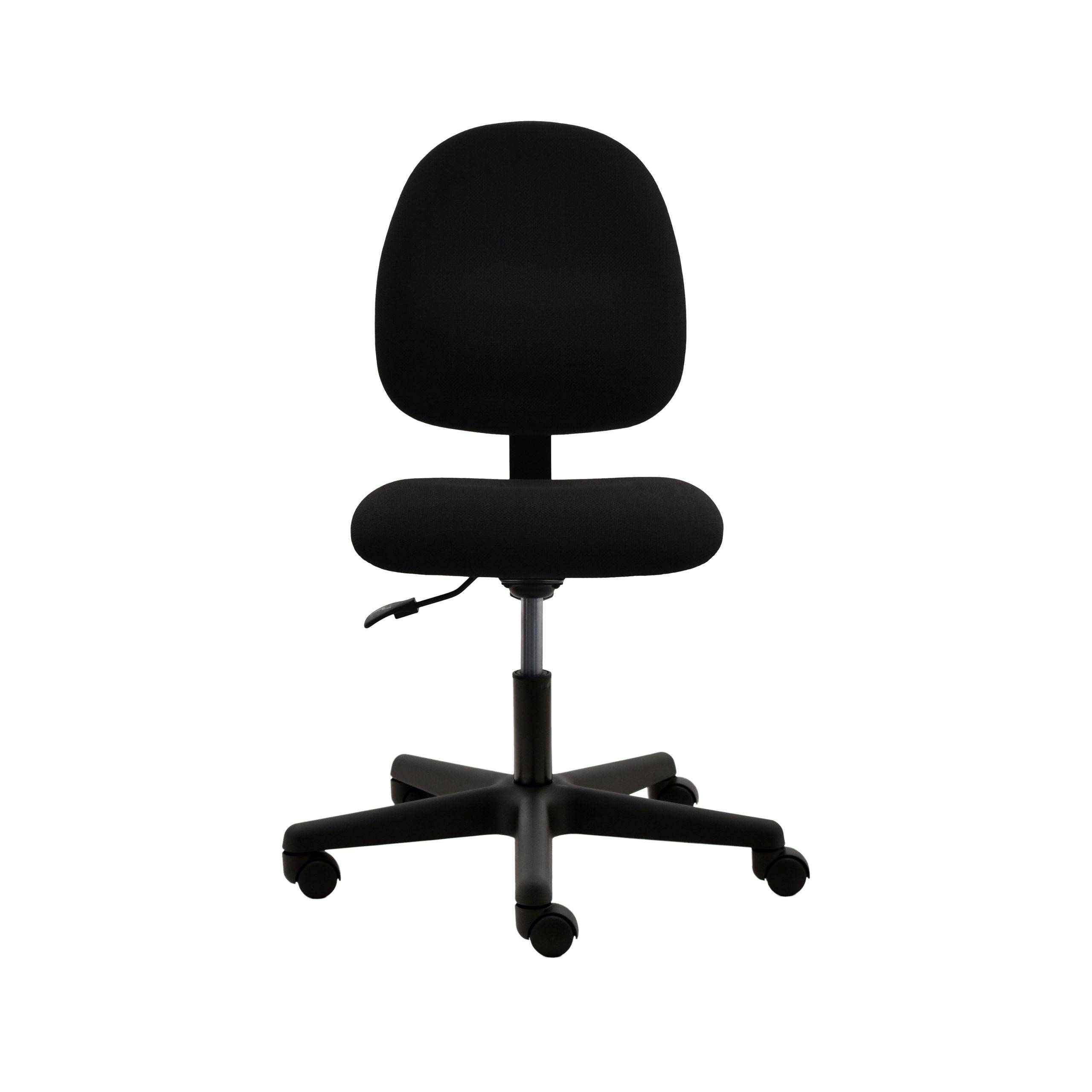 armless desk chair with black padded seat and swivel base