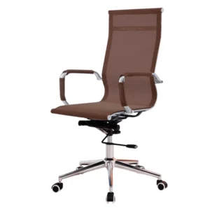 high back executive office chair in brown upholstery with chrome base